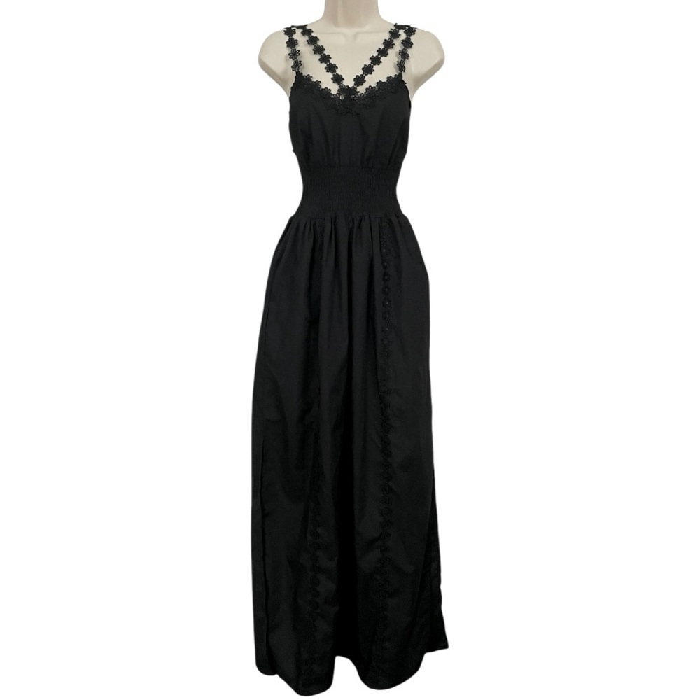 Zoe women’s smocked sun dress floral appliqué maxi black size S 100% cotton slit